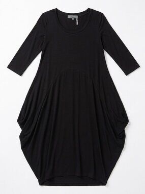 Alisha.D Black Cocoon Harem Midi Dress Sz M 3/4 Sleeve Lagenlook Loose Drape